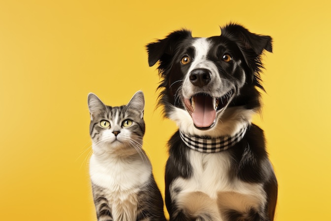 Photo of a cat and dog on a yellow background